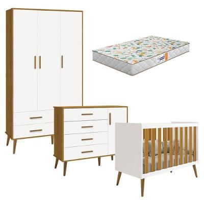Quarto De Bebê Isis 3 Portas Branco Acetinado Savana Com Colchão Gazin - Reller