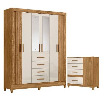 Guarda Roupa Solteiro com Cômoda Aruba Vênus 7 Portas 8 Gavetas MDF MDP Freijó Off White Brilho