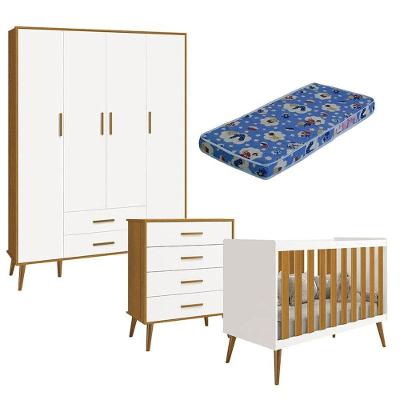 Quarto De Bebê Isis 4 Portas Com Gaveteiro Branco Acetinado Savana Com Colchão Ortobom - Reller