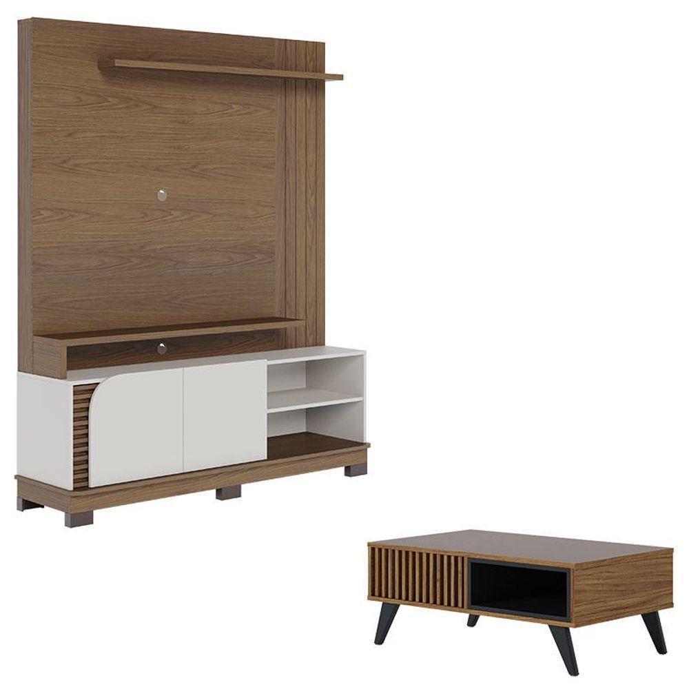 Estante Home Theater Jurerê 1.5 Amendôa Off White Matte Com Mesa De Centro Jeri Noce Milano Preto Acetinado - Colibri - 1