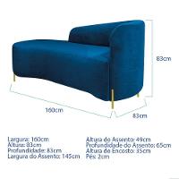 Divã Recamier Orgânico França 160cm Lado Esq Pés Metal Dourado Linho Azul Royal - 6