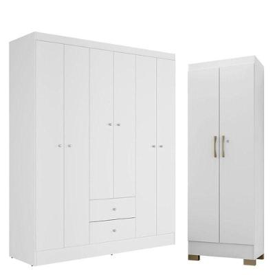 Guarda Roupa Solteiro Versa 6 Portas Branco Rosa Flex Fosco Com Armário Multiuso Luna Branco Fosco - Kits Paraná