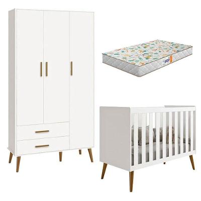 Berço Americano E Guarda Roupa Infantil 3 Portas Isis Branco Acetinado Com Colchão Gazin - Reller