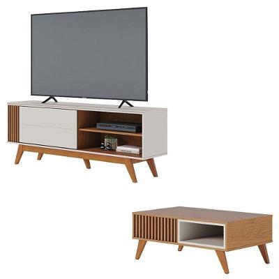 Rack Bancada Otawa Off White Freijó Com Mesa De Centro Jeri Freijó Off White - Colibri