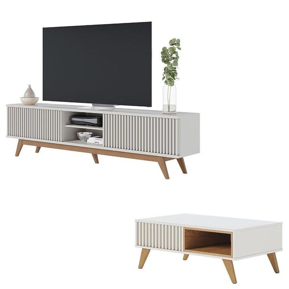 Rack Bancada Fortaleza Off White Matte Com Mesa De Centro Jeri Off White Freijó - Colibri - 1