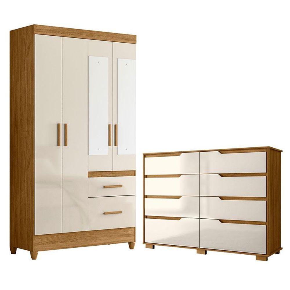 Guarda Roupa Solteiro Madri Com Espelho E Cômoda Georgia Freijó Off White - Moval - 1