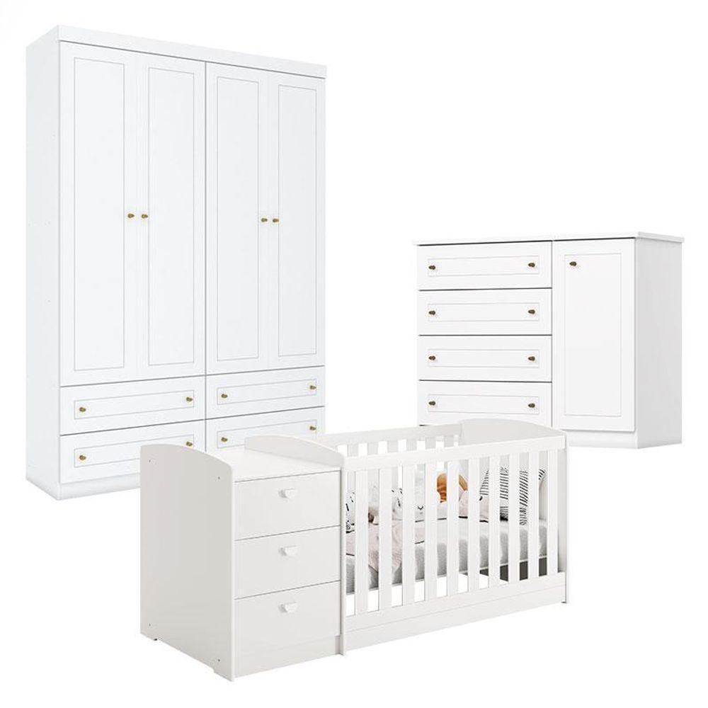 Quarto Infantil 4 Portas Mississipi E Berço Multifuncional Atlanta Branco Fosco - Reller - 1