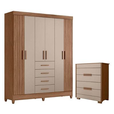 Guarda Roupa Solteiro e Cômoda Aruba Dhara 6 Portas de Bater 4 Gavetas em MDF e MDP Carvalho Fendi