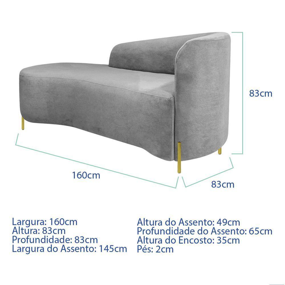 Divã Recamier Orgânico França 160cm Lado Esq Pés Metal Dourado Linho Cinza Claro - 6