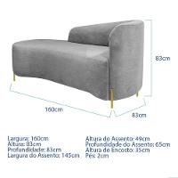 Divã Recamier Orgânico França 160cm Lado Esq Pés Metal Dourado Linho Cinza Claro - 6