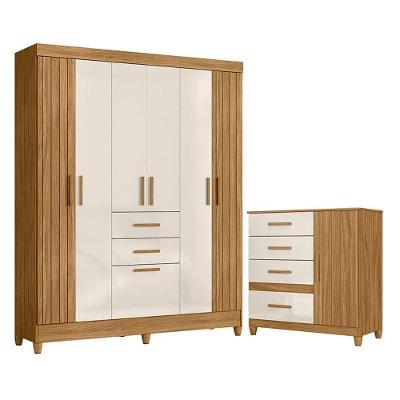 Guarda Roupa Solteiro e Cômoda Malta Vênus 8 Portas 6 Gavetas em MDF e MDP Freijó Off White Brilho