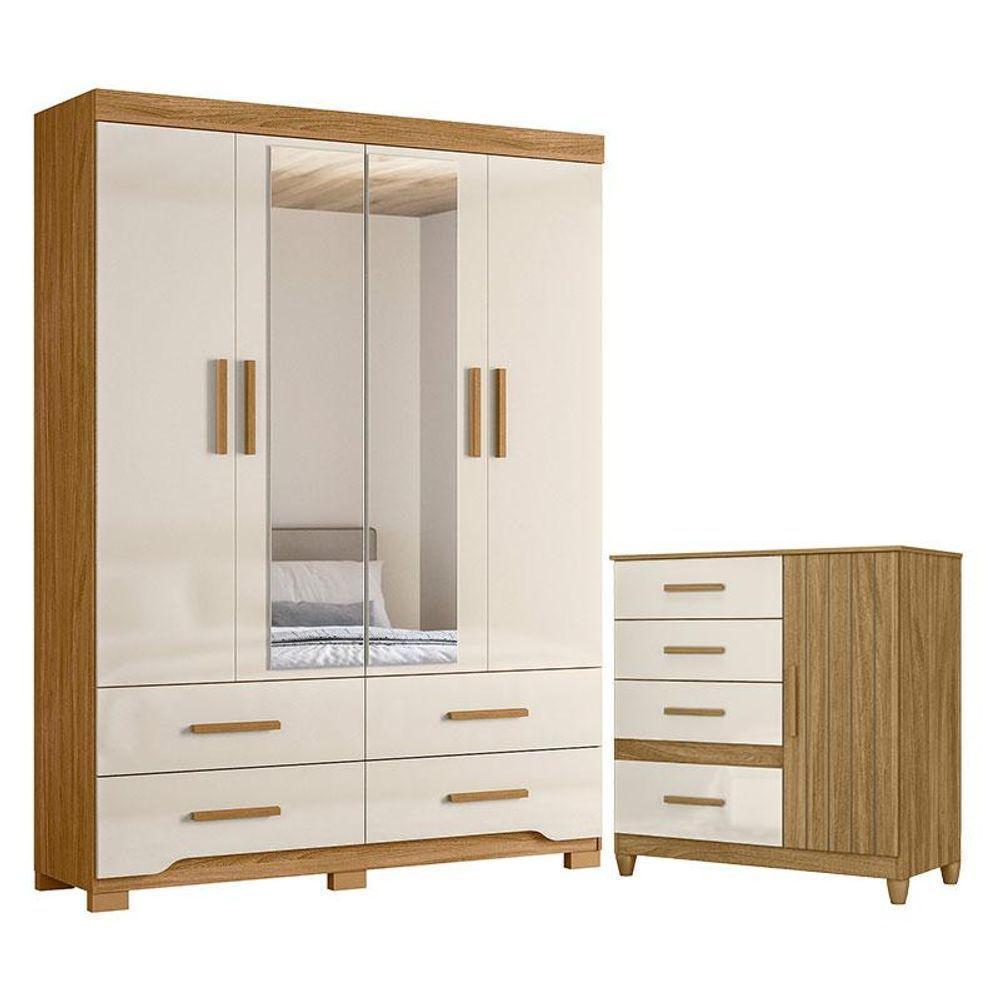 Guarda Roupa Solteiro Miami E Cômoda Vênus Com Pés Freijó Off White - Moval - 1