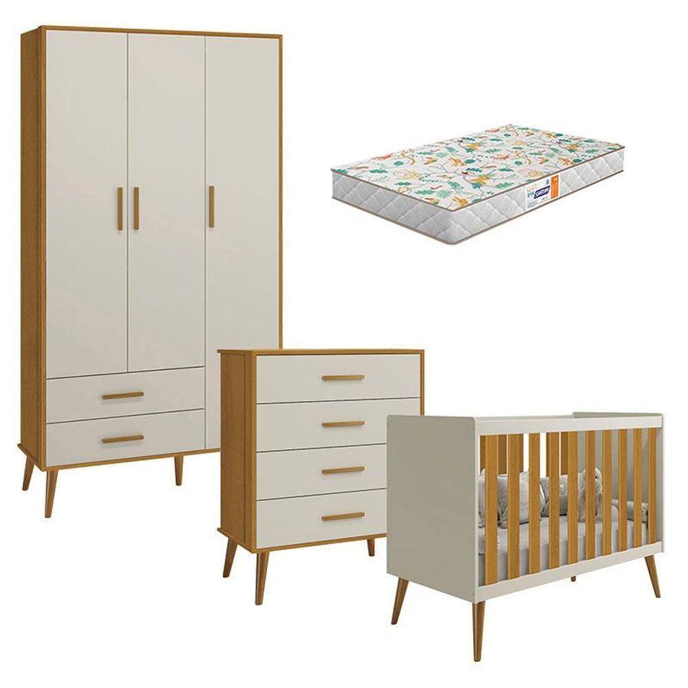 Quarto De Bebê Isis 3 Portas Com Gaveteiro Areia Acetinado Savana E Colchão Gazin - Reller - 1
