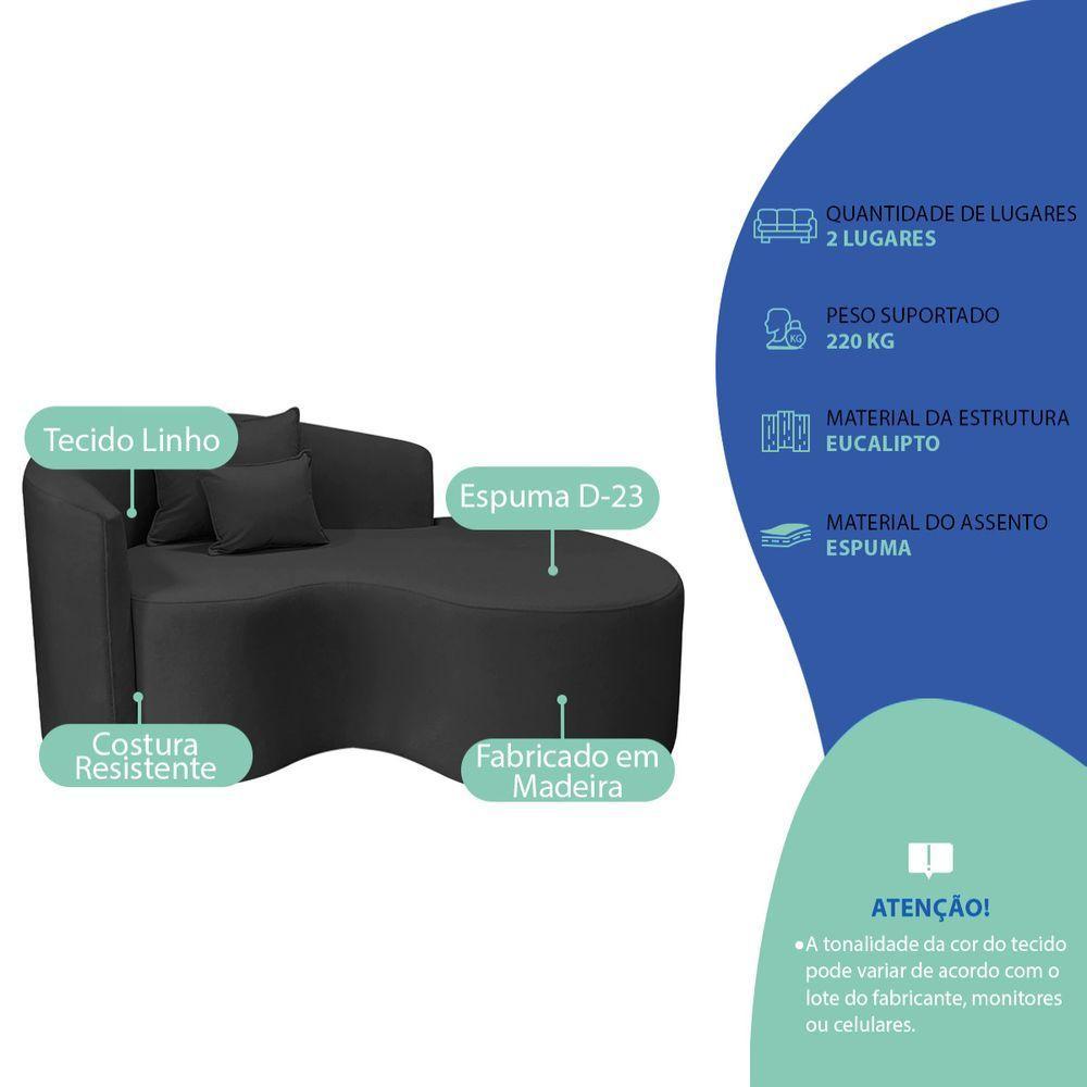 Divã Recamier Curvo Sala De Estar Recepção Inglaterra 150cm Lado Direito Linho Cor Preto - 4