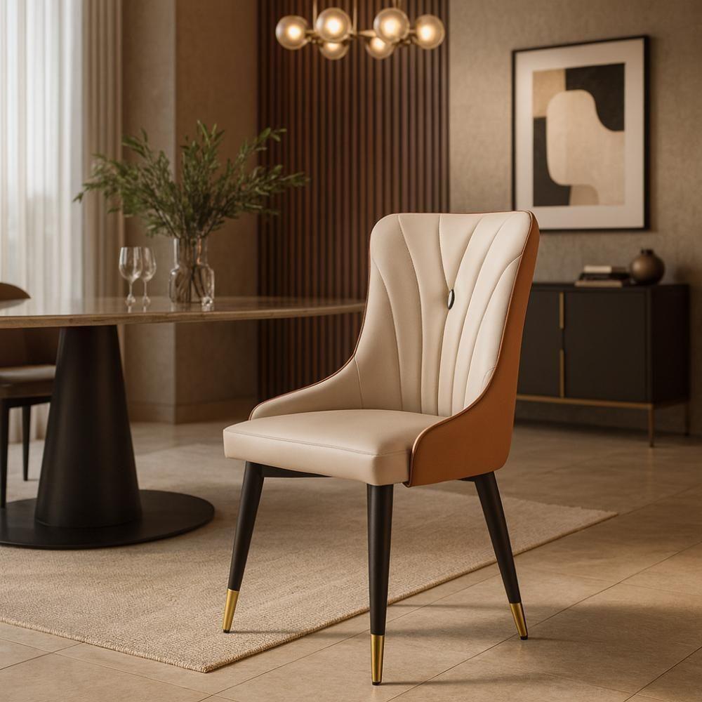 Cadeira De Jantar Estofada Verona Design Italiano Encosto Anatômico Com Base Metálica Reforçada - Bege-caramelo - 2
