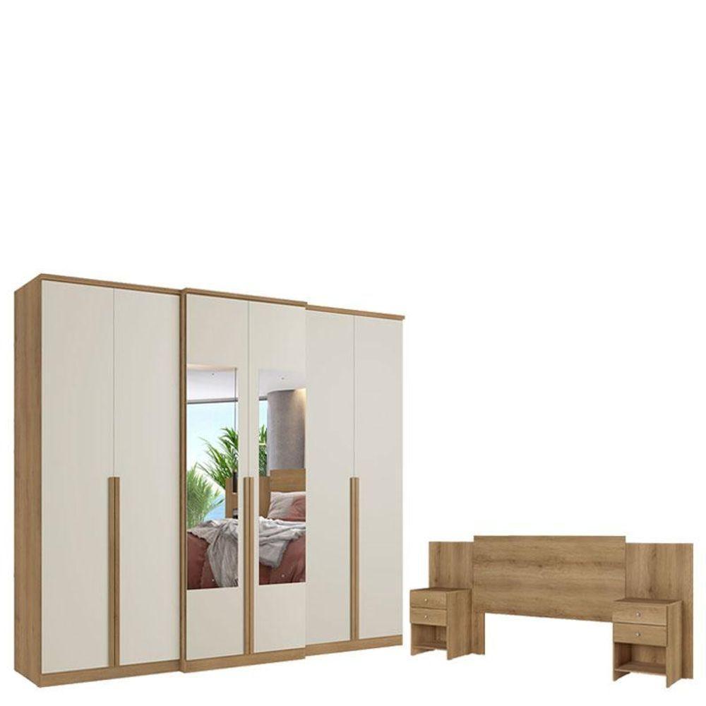 Guarda Roupa Casal Valência 6 Portas Glass Capuccino Off White E Cabeceira Com Mesas De Cabeceira Formosa Capuccino- Thb - 1