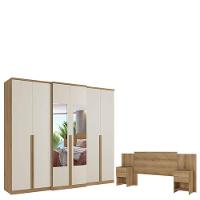 Guarda Roupa Casal Valência 6 Portas Glass Capuccino Off White E Cabeceira Com Mesas De Cabeceira Formosa Capuccino- Thb - 1