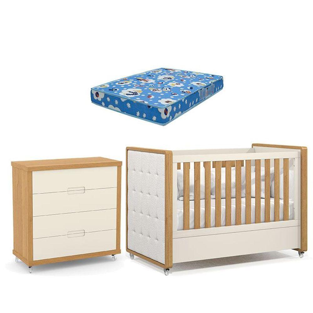 Berço Americano Com Capitonê New Boucle E Cômoda Gaveteiro Infantil Tutto New Freijó Off White E Colchão Ortobom - Matic - 1