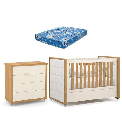 Berço Americano Com Capitonê New Boucle E Cômoda Gaveteiro Infantil Tutto New Freijó Off White E Colchão Ortobom - Matic