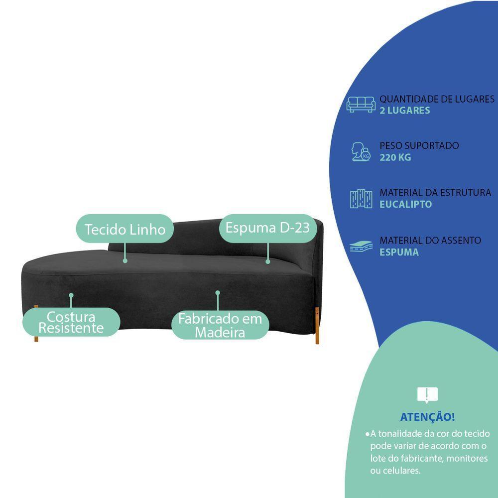 Divã Recamier Orgânico França 160cm Lado Esq Pés Madeira Linho Cor Preto - 7