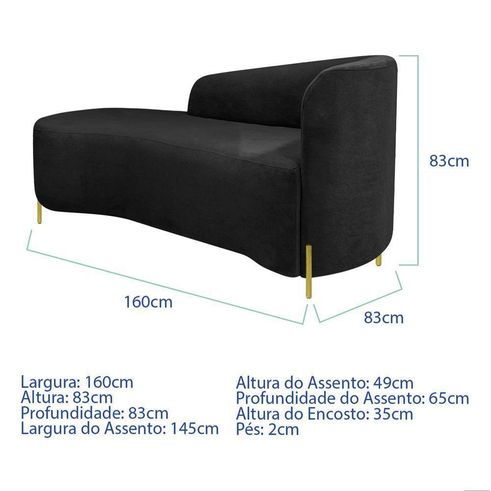 Divã Recamier Orgânico França 160cm Lado Esq Pés Metal Dourado Bouclé Preto - 6