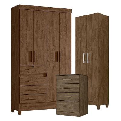Guarda Roupa Solteiro com Cômoda e Armário Multiuso Sobral 4 Portas 4 Gavetas MDP Castanho Wood