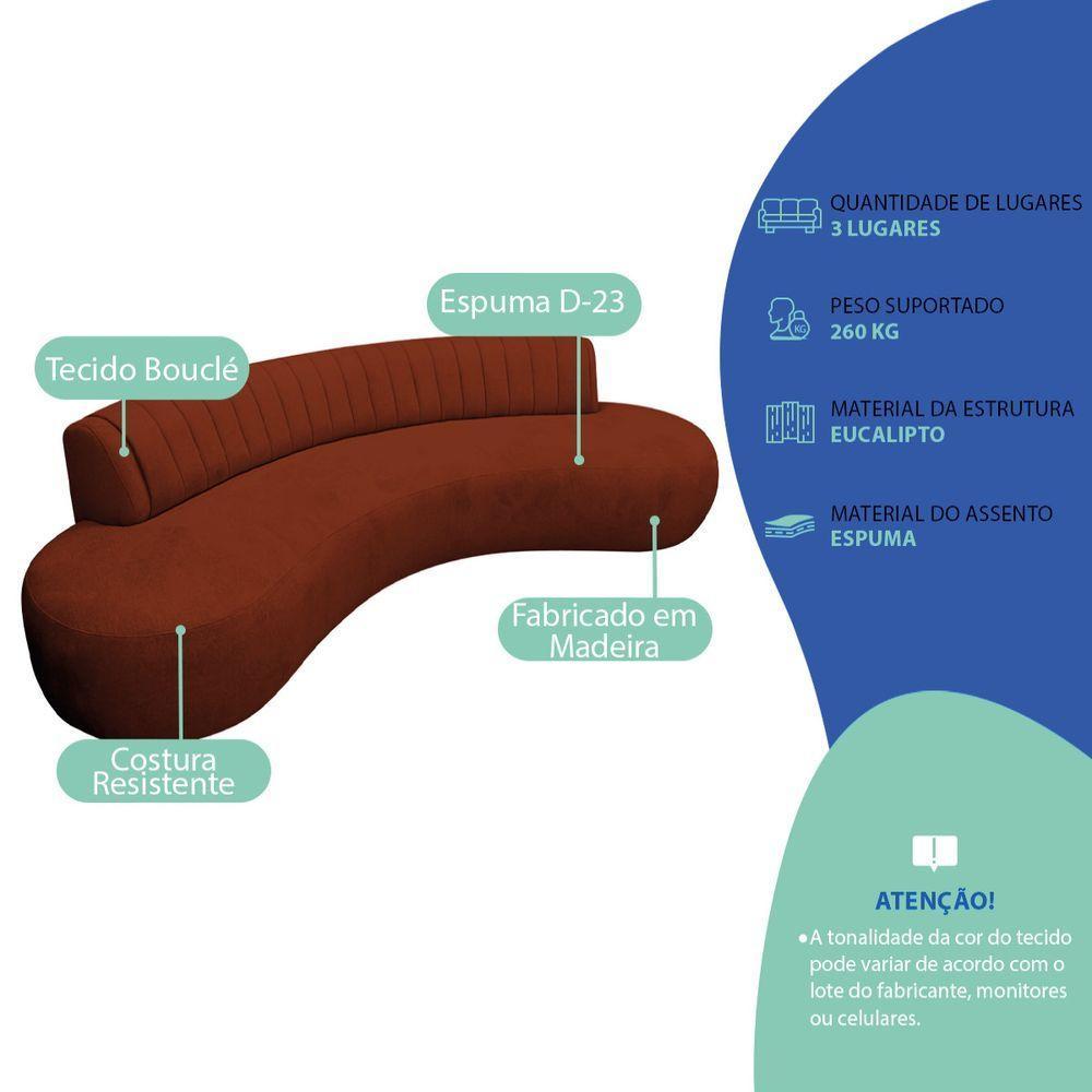 Divã Recamier Celeste Curvo Sala Estar Luxo 180cm Bouclé Terracota - 4