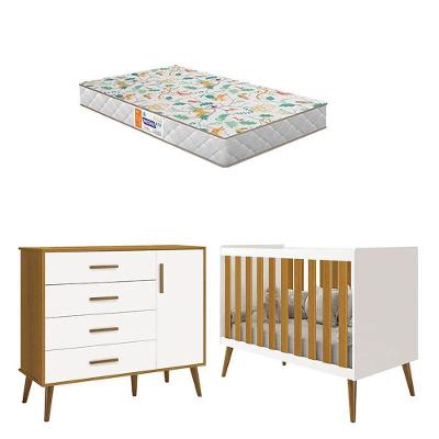 Berço Americano E Cômoda Infantil Com Porta Isis Branco Acetinado Savana Com Colchão Gazin - Reller