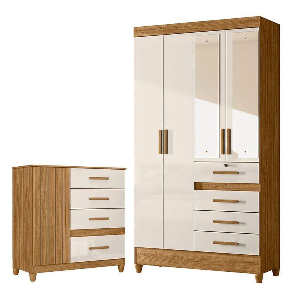 Guarda Roupa Solteiro Sobral Com Espelho E Cômoda Vênus Com Pés Freijó Off White - Moval - 1