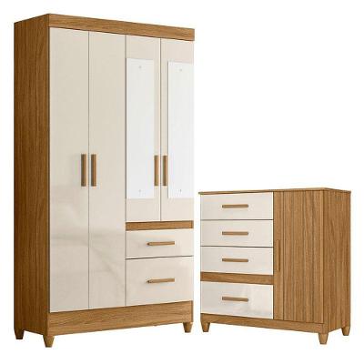 Guarda Roupa Solteiro Madri Com Espelho E Cômoda Vênus Com Pés Freijó Off White - Moval