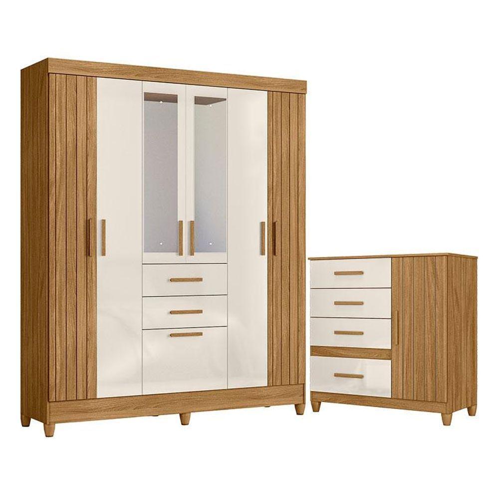 Guarda Roupa Solteiro Malta Com Espelho E Cômoda Vênus Com Pés Freijó Off White - Moval - 1