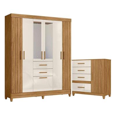 Guarda Roupa Solteiro Malta com Espelho e Cômoda Vênus 7 Portas 6 Gavetas MDP e MDF Off White Moval