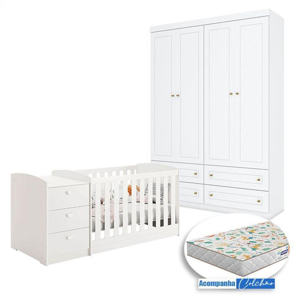 Berço Multifuncional Atlanta E Guarda Roupa Mississipi 4 Portas Henn Branco Fosco Com Colchão Gazin - Reller - 1