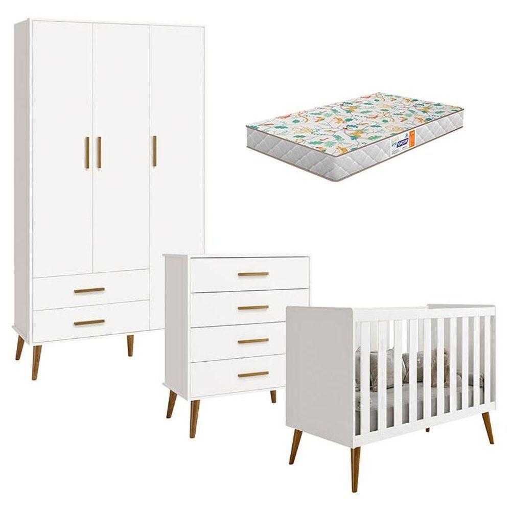 Quarto De Bebê Isis 3 Portas Com Gaveteiro Branco Acetinado E Colchão Gazin - Reller - 1