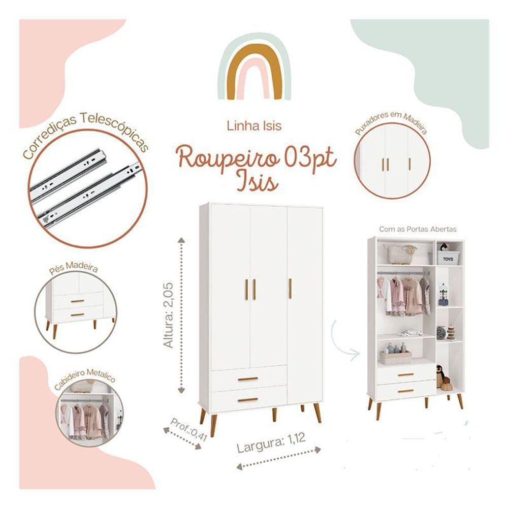 Quarto De Bebê Isis 3 Portas Com Gaveteiro Branco Acetinado E Colchão Gazin - Reller - 9