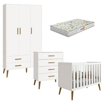 Quarto De Bebê Isis 3 Portas Com Gaveteiro Branco Acetinado E Colchão Gazin - Reller