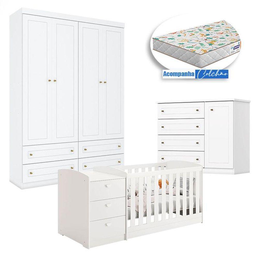 Quarto Infantil Americano 4 Portas E Berço Multifuncional Atlanta Branco Fosco Com Colchão Gazin - Reller - 1
