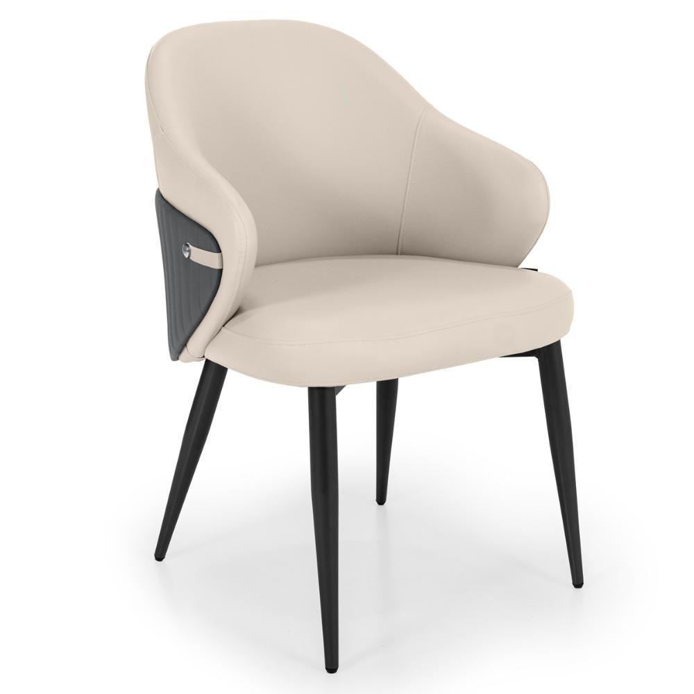 Cadeira De Jantar Estofada Milano Design Italiano Revestimento Em Pu Com Pés Metálicos E Encosto Ergonômico - Bege-cinza - 1