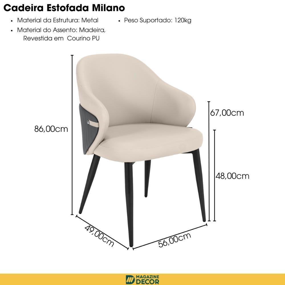 Cadeira De Jantar Estofada Milano Design Italiano Revestimento Em Pu Com Pés Metálicos E Encosto Ergonômico - Bege-cinza - 3