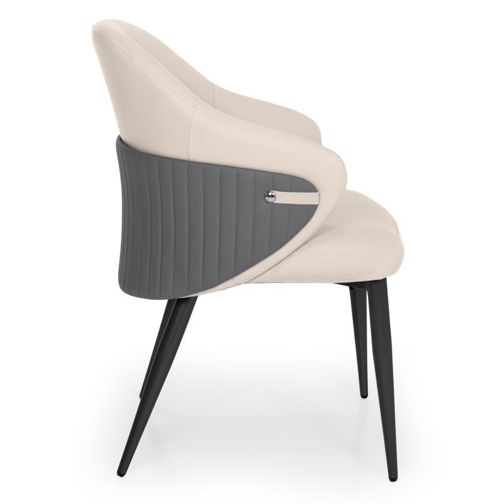 Cadeira De Jantar Estofada Milano Design Italiano Revestimento Em Pu Com Pés Metálicos E Encosto Ergonômico - Bege-cinza - 4