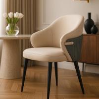 Cadeira De Jantar Estofada Milano Design Italiano Revestimento Em Pu Com Pés Metálicos E Encosto Ergonômico - Bege-cinza - 2