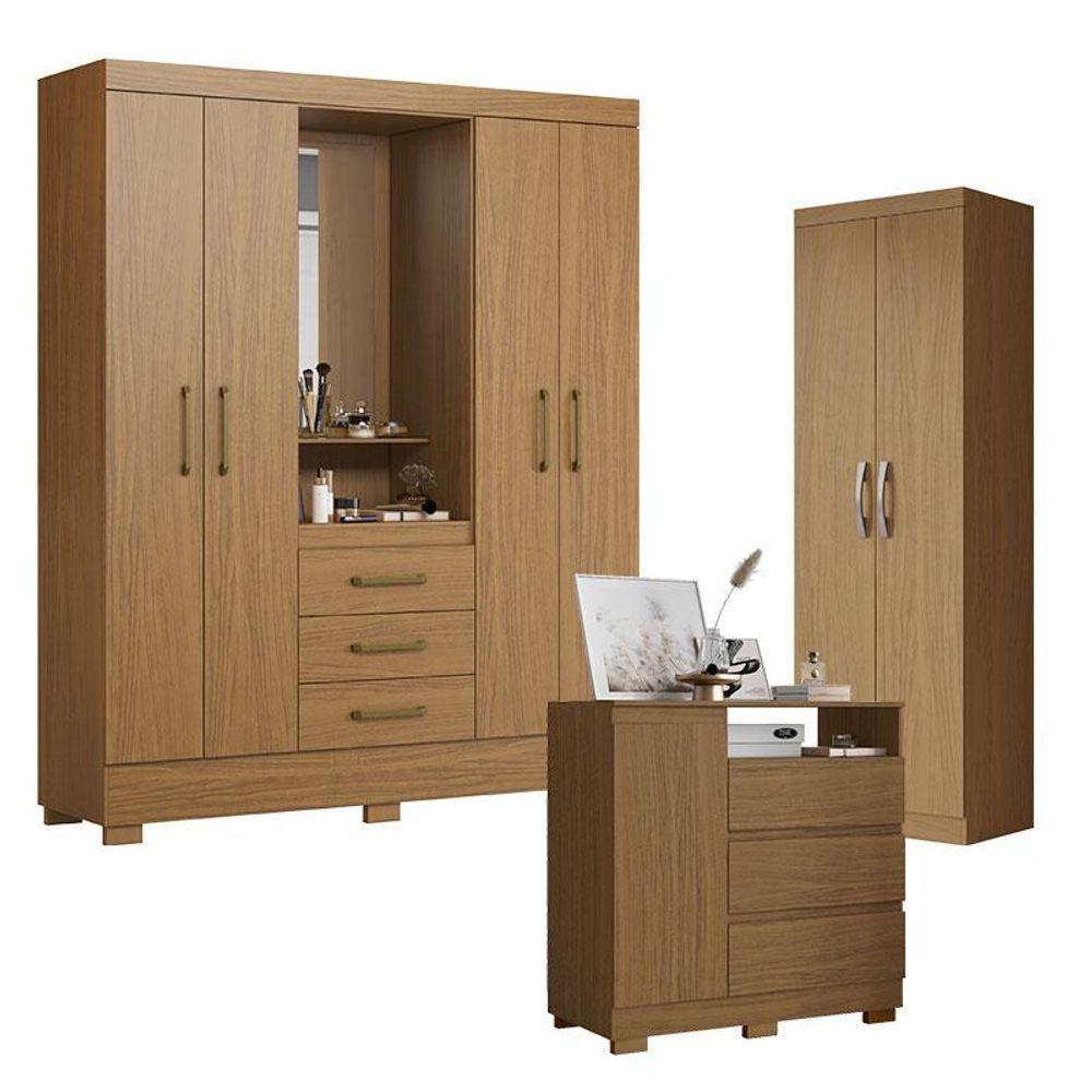 Guarda Roupa Solteiro Paris 2045150 Com Armário Multiuso 2000192 E Cômoda 2014143 Atacama - Aramóveis - 1