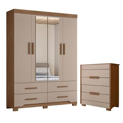 Guarda Roupa Solteiro e Cômoda Miami 4 Portas Giratórias 4 Gavetas MDP Carvalho Fendi Fosco