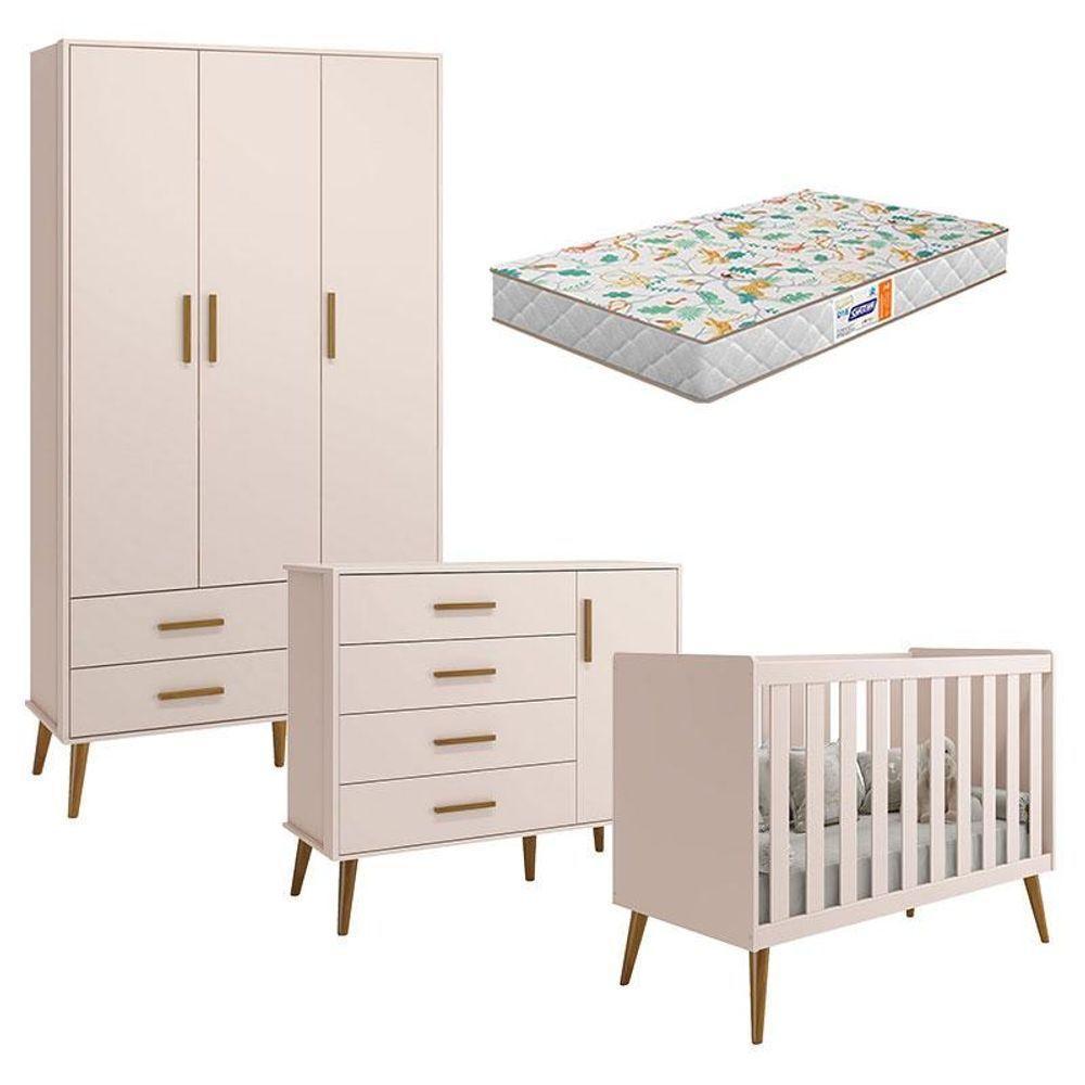 Quarto De Bebê Isis 3 Portas Rosa Acetinado Com Colchão Gazin - Reller - 1
