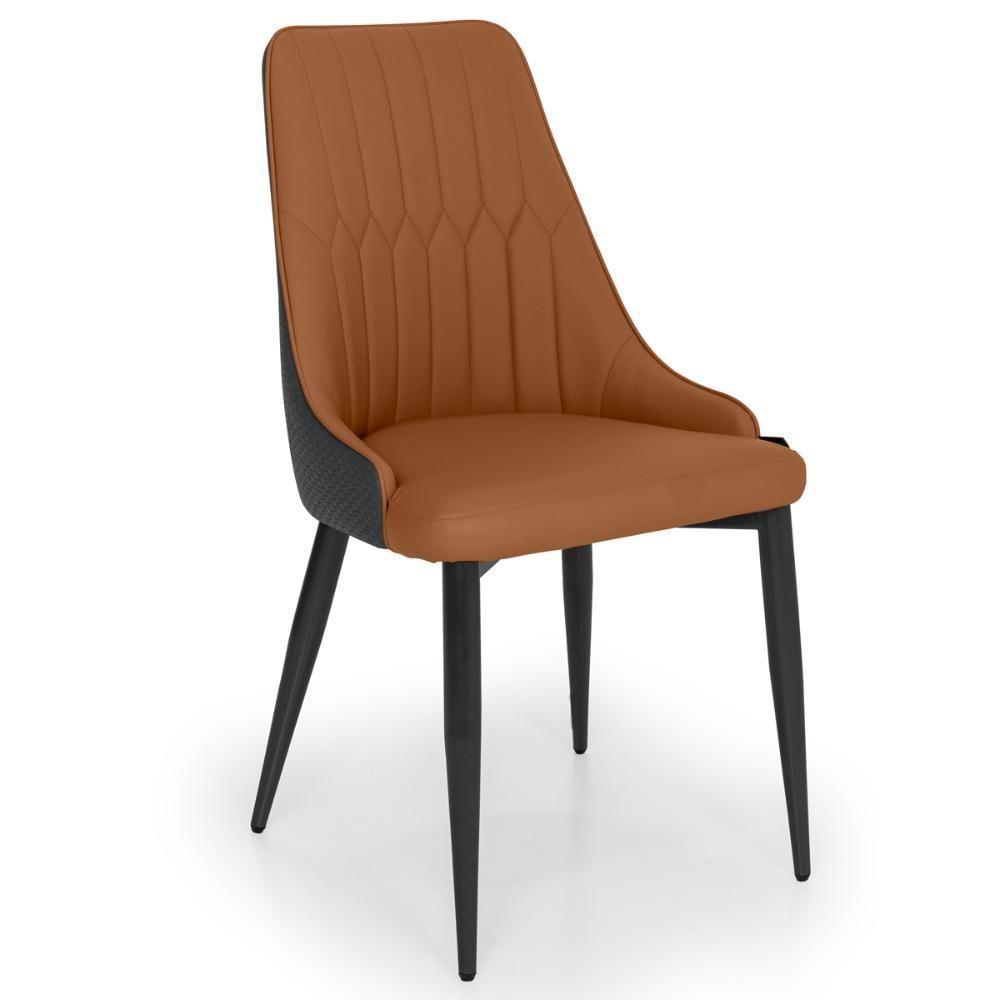 Cadeira De Jantar Estofada Torino Design Italiano Costuras Geométricas Base Em Metal - Caramelo-cinza Escuro - 1