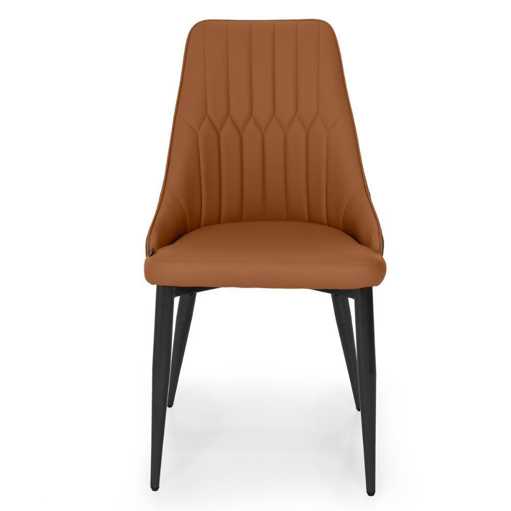 Cadeira De Jantar Estofada Torino Design Italiano Costuras Geométricas Base Em Metal - Caramelo-cinza Escuro - 4