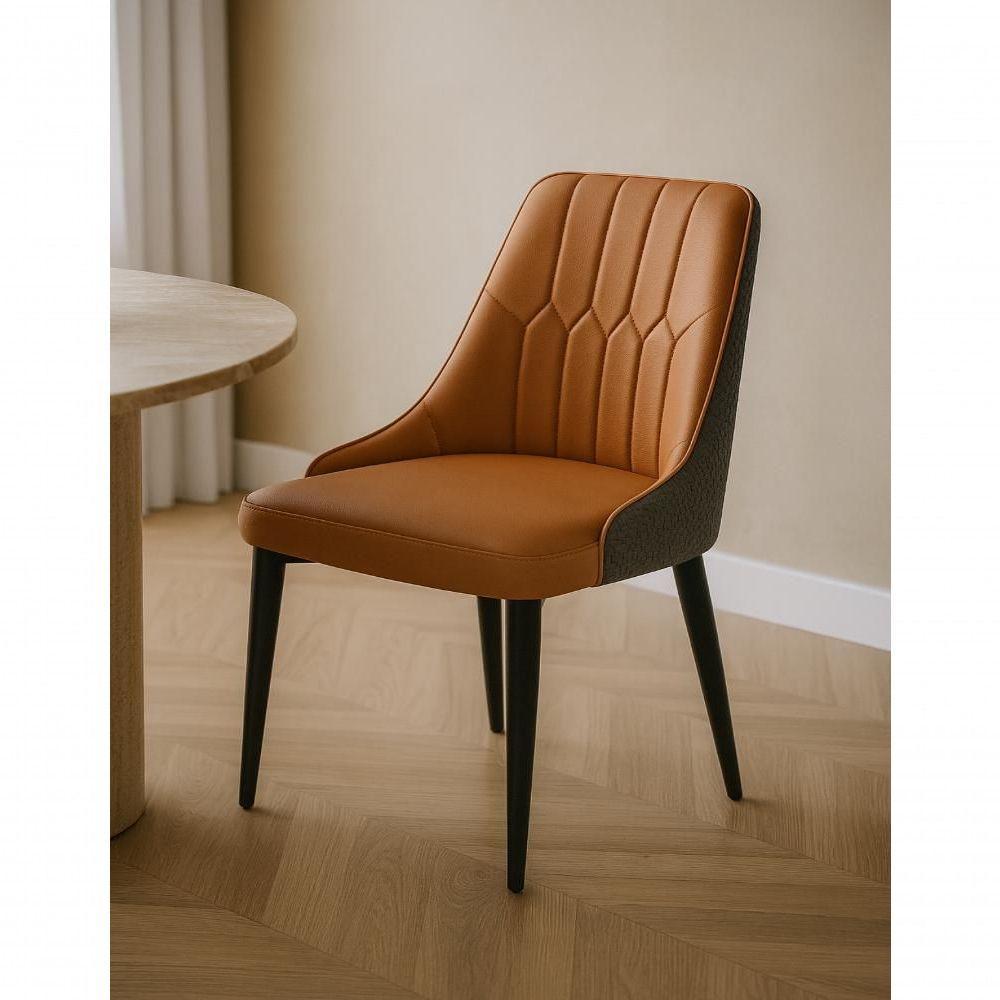 Cadeira De Jantar Estofada Torino Design Italiano Costuras Geométricas Base Em Metal - Caramelo-cinza Escuro - 5