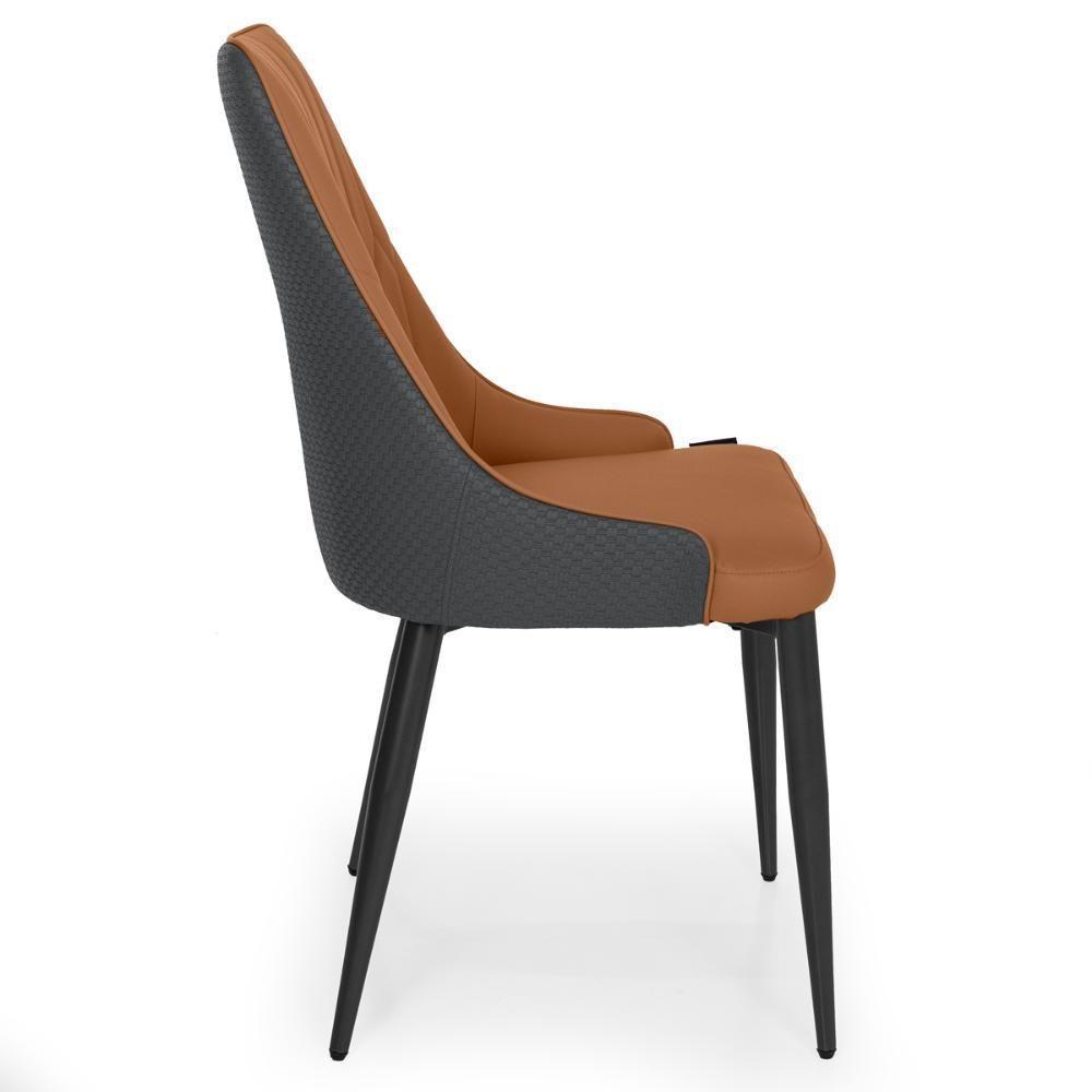 Cadeira De Jantar Estofada Torino Design Italiano Costuras Geométricas Base Em Metal - Caramelo-cinza Escuro - 6