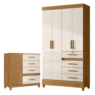 Guarda Roupa Solteiro e Cômoda Sobral Vênus 4 Portas 8 Gavetas MDP Off White Moval