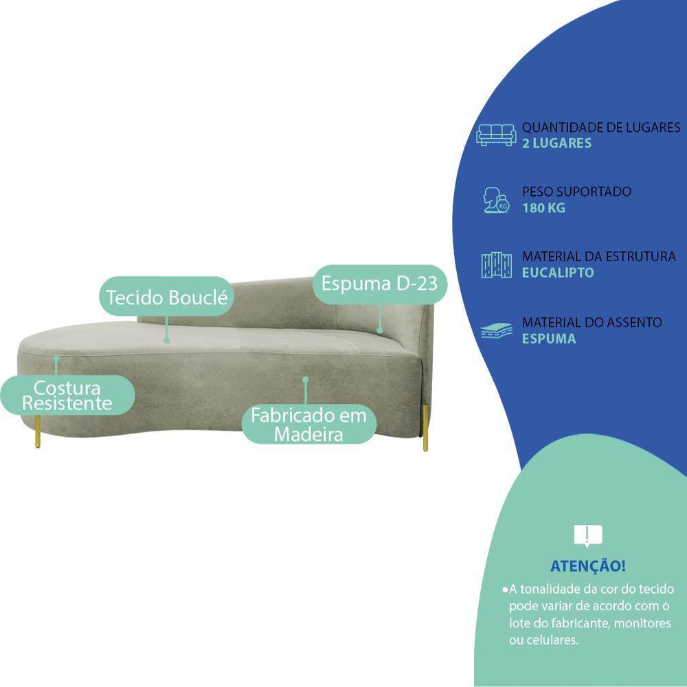 Divã Recamier Orgânico França 140cm Lado Esq Pés Metal Dourado Bouclé Verde Oliva - 7
